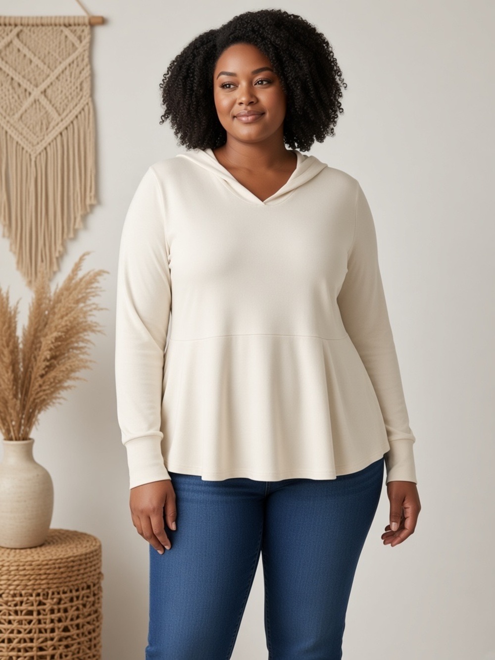 Belle by Kim Gravel TripleLuxe Knit Hooded Top 2X Ivory Peplum Fit Flare Tunic